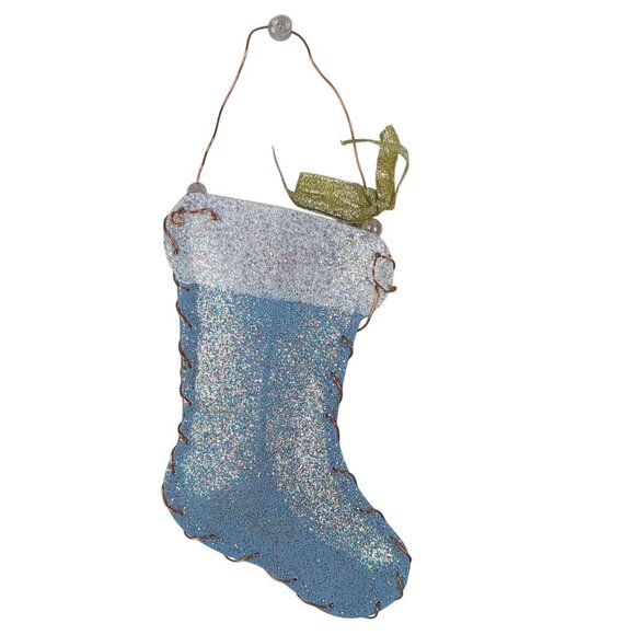 Handmade Blue White 2 Glitter Ornaments Christmas Stocking Metal 5.5" Snowman - Picture 3 of 9